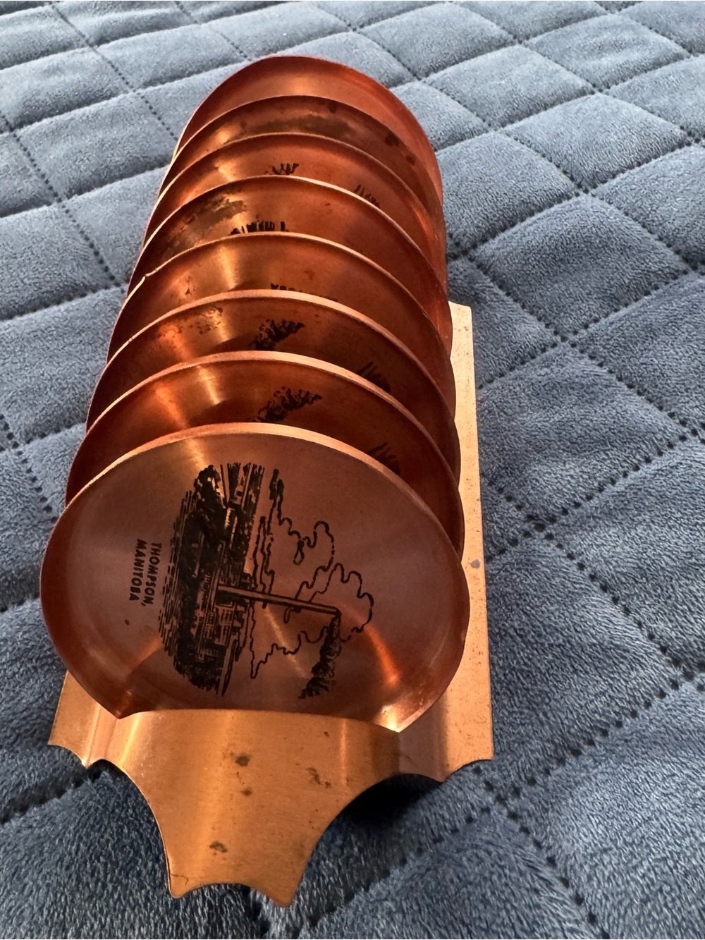 Vintage Thompson Manitoba Copper Coaster Set 8 Souvenir Smelter Scene Holder